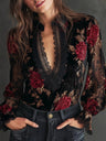 Black Loose-fitting Long-sleeved Floral Print Velvet Shirt