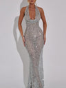Sequined Deep V Halter Neck Bodycon Dress With Slightly Revealing Back