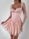 Mesh Lace Patchwork Fish Bones Waist-cinching And Backless Mini&Short Dresses