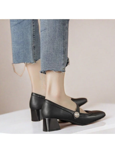 Liber Spring and Autumn Pearl Women's High Heel Mary Jane Shoes