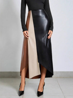 PU Color Matching High-waisted Hip-hugging Zipper Skirts
