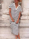 Stripes V-neck Short Sleeve Low-split Lapel Maxi Dresses