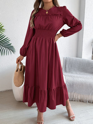 Wood Ear Waist Pleats Maxi Dresses