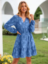 V-neck, Jacquard, Elastic Waist, Full Skirt, Long Sleeves, Ruffled Hem Short Dress