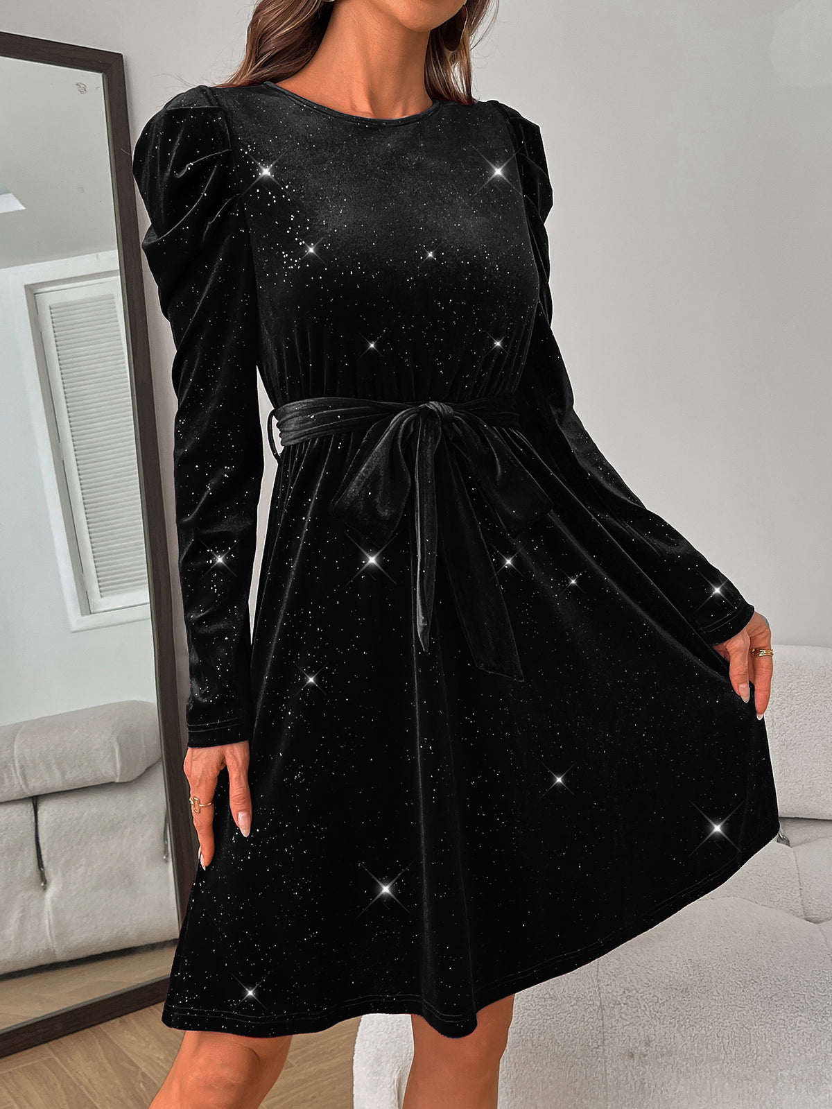 Black Glittery Round Neck Long-sleeved Velvet Mini Dress