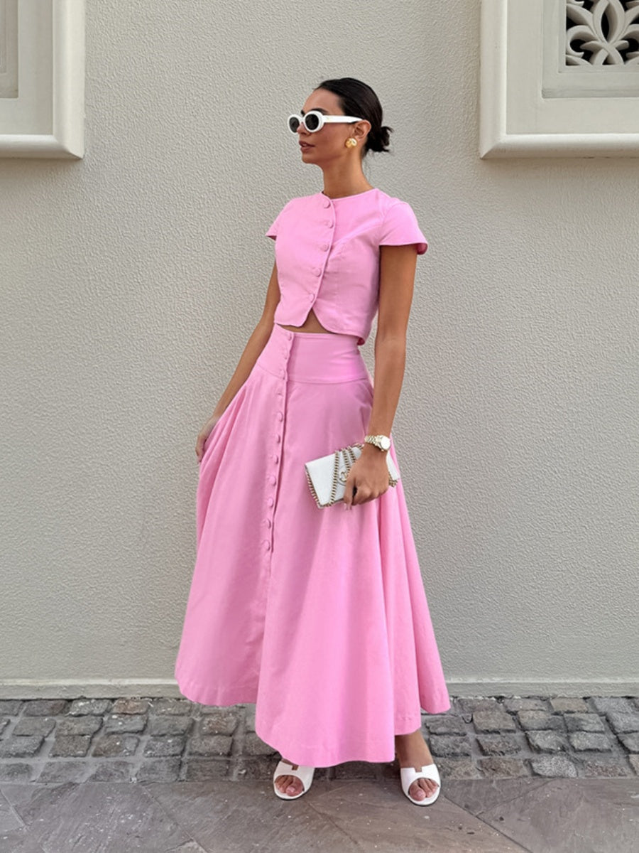 Short top A-line skirt button Umbrella skirt two-piece suit