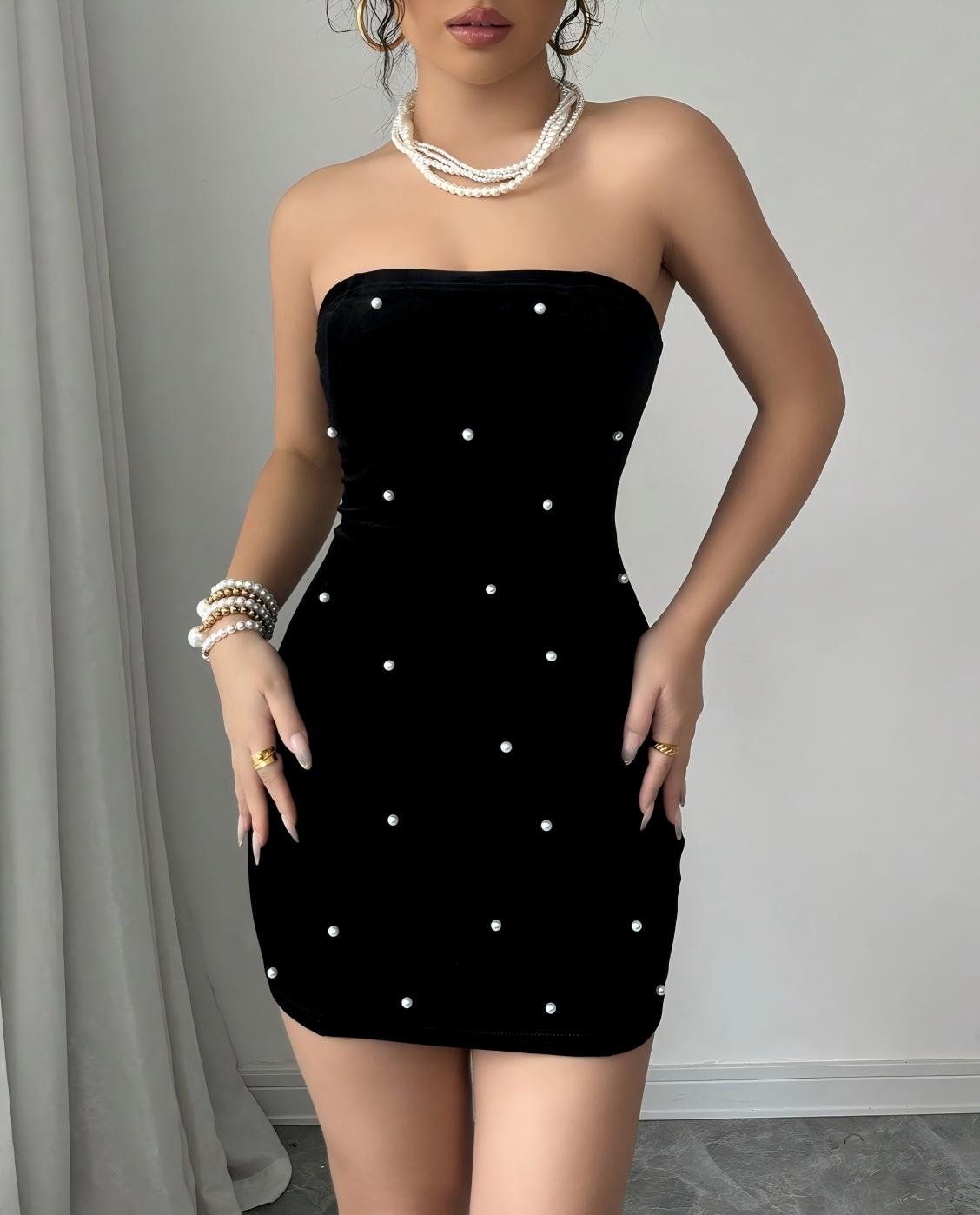 Black Sleeveless Off-shoulder Beading Tube Top Mini&Short Dresses