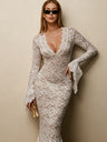 Lace Deep V-neck Flared Long-sleeved Dress
