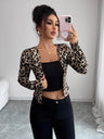 Short Leopard Print Blend Fabric Contrasting Colors Long-sleeved Knitted Cardigan