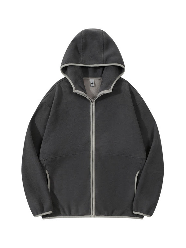 Fleece Contrasting Colors Plush Thickening Keep Warm Hooded Cardigan Jackets