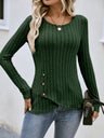 Threaded Groove Strip Waist-cinching Round Neck Buttons Long Sleeves T-shirts