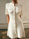 Knitting Buttons Crew Neck Short Sleeve Mini&Short Dresses