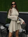 Turtleneck  Flare Sleeve A-line Skirt Knitted Sweaters Midi Dresses