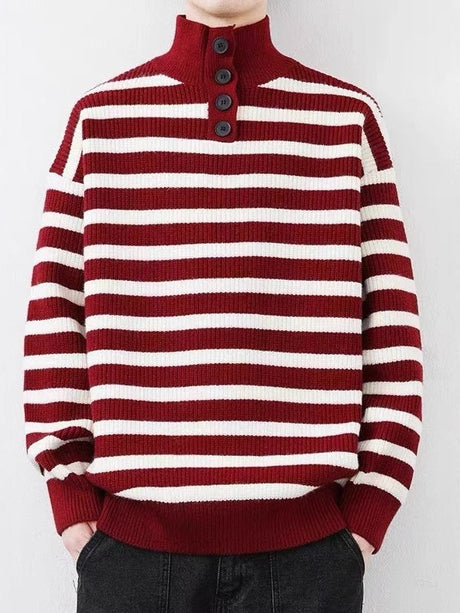 Contrasting Colors Stripes Thickening Red Turtleneck Sweater