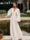 V-neck Textured Fabric Grace White Loose Cocktail Party Lawn Party Maxi Dresses