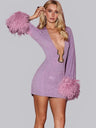 Deep V Sequins Rough Edges Long Sleeves Hip Wrap Mini&Short Dresses