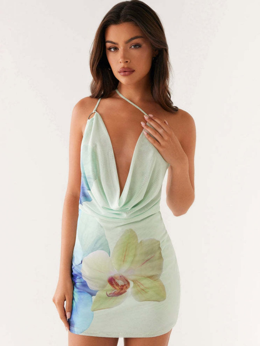 Sexy Print With A Swing Neck And One Shoulder Crossbody Mini&Short Dresses