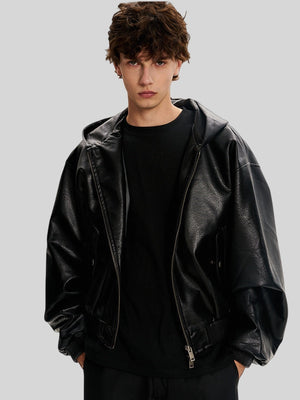 Hooded Short And Wide Black Relief Pattern Locomotive PU Jackets