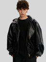 Hooded Short And Wide Black Relief Pattern Locomotive PU Jackets