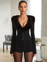 Fur-collar Deep V-neck Long-sleeved Zip-up Bodysuit