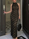 Lace Patchwork Halter Neck And Backless Sleeveless Bodycon Maxi Dresses
