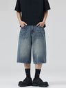 Retro Distressed Lightning Straight-fit 7 Points Denim Shorts
