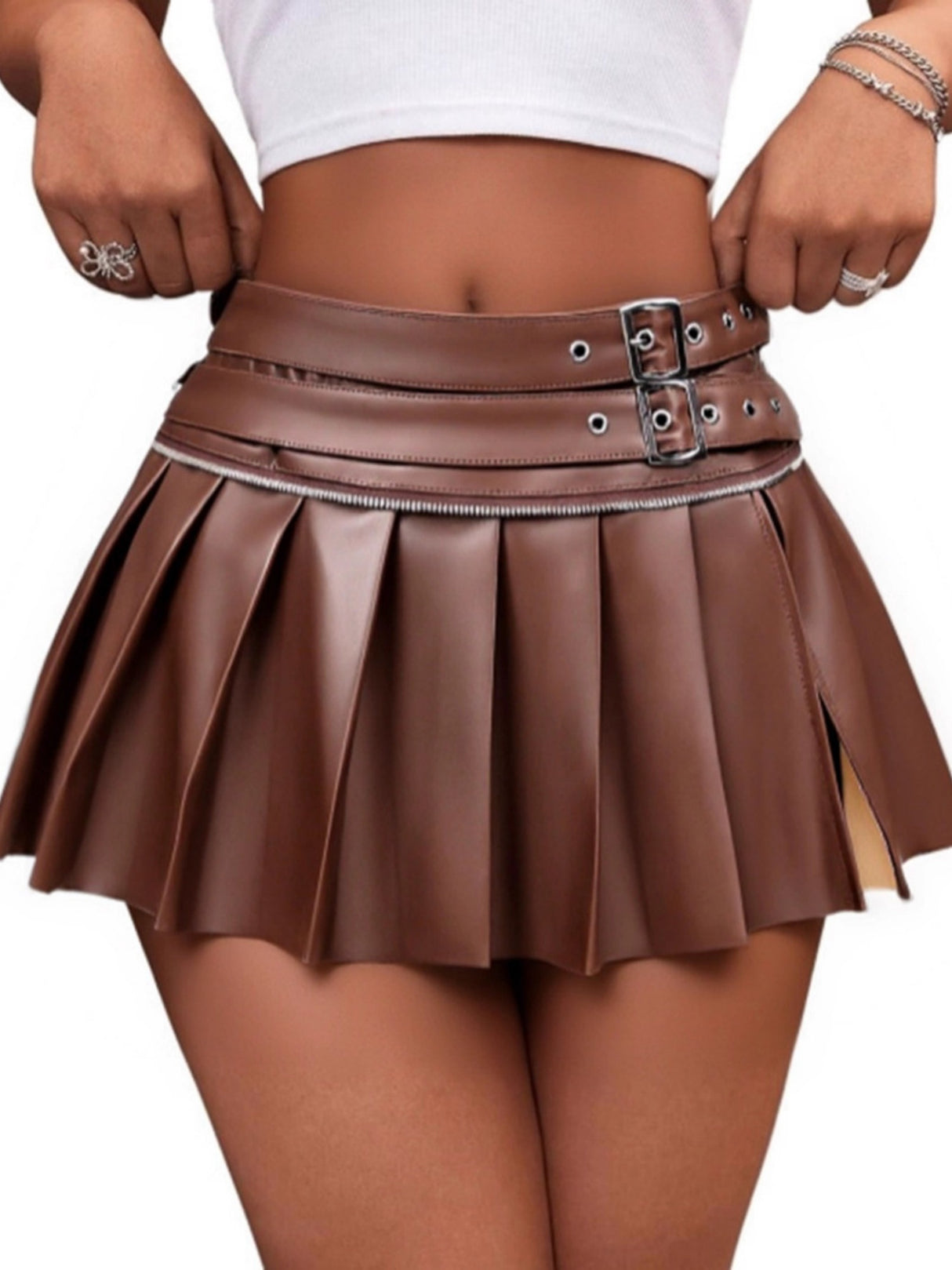 PU High-waisted Slit Belt Decoration Pleated Skirt