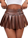 PU High-waisted Slit Belt Decoration Pleated Skirt