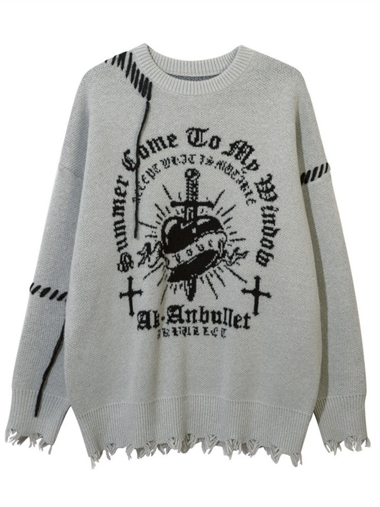 Halloween Dark Cross Jacquard Contrasting Colors Sutures Cut Destroy Sweater