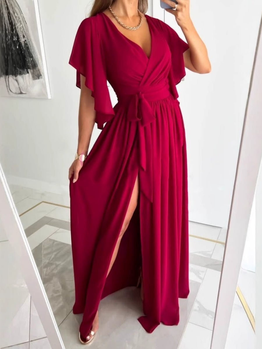 Tie-up Ruffle Sleeves V-neck Slit Elegant Cocktail Party Long Evening Dress
