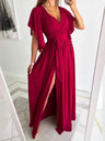 Tie-up Ruffle Sleeves V-neck Slit Elegant Cocktail Party Long Evening Dress