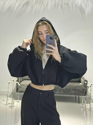Liber Autumn women's clothing Drawstring Hooded Zippered solid color long-sleeved cardigan sweatshirt