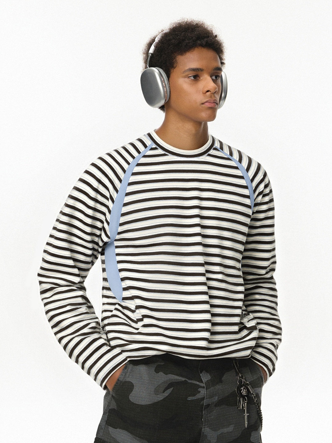 Contrasting Colors Stripes Splicing Long Sleeve Crew Neck T-shirt
