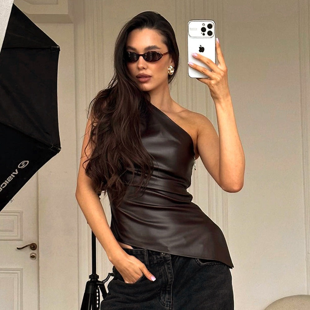 New Solid Color Slim Fit Asymmetrical Neck Zipper Top