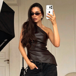 New Solid Color Slim Fit Asymmetrical Neck Zipper Top