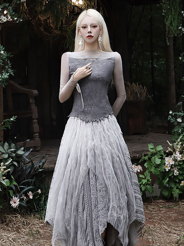 Textured Wool Knit Base Layer With Lace Sleeves