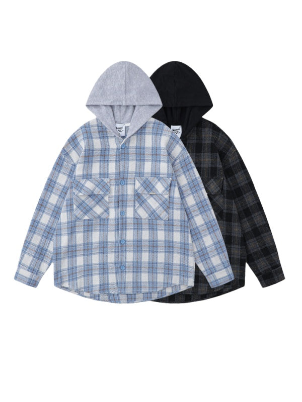 Tweed Sanding Plaid Splicing Contrasting Colors Fake Two Pieces Hooded Long-sleeved Shirt