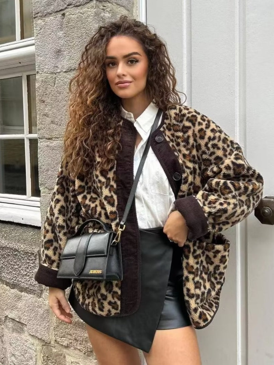 Liber Autumn Women's Pocket Corduroy Splicing Leopard Jackets