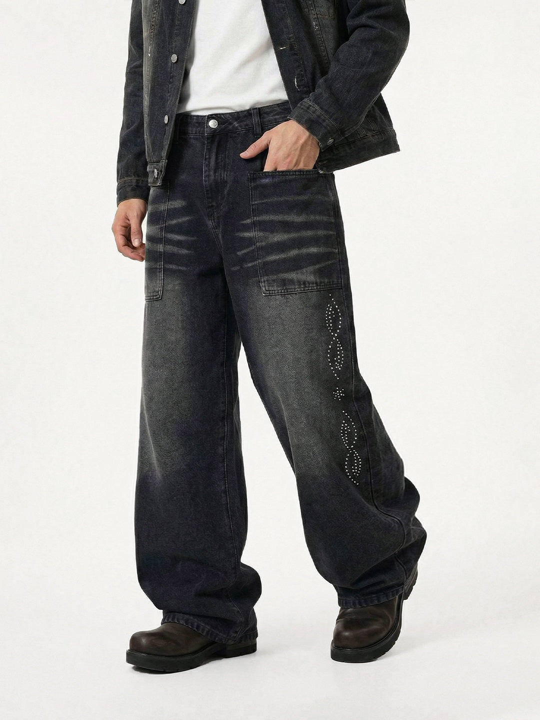 Black Cat Whiskers Sticker Bag Rhinestone-studded Distressed Wide-leg Jeans