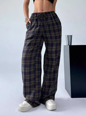 Plaid Lace-up Elastic Waist Straight-leg Pants Casual Christmas Everyday Pants