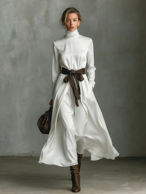High-neck Long-sleeved Dress With Contrasting Belt