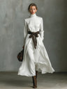 High-neck Long-sleeved Dress With Contrasting Belt