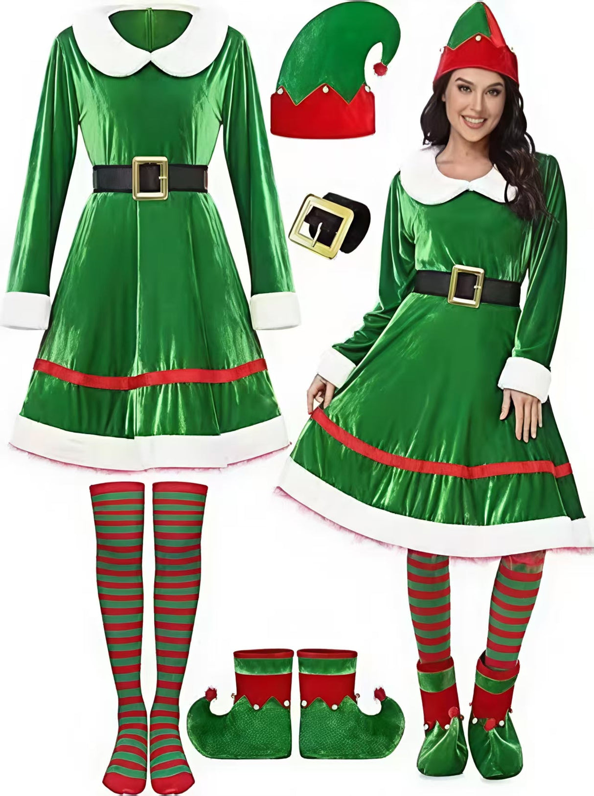 Christmas Velvet Dress Belt Striped Over-the-knee Socks Elf Hat Elf Costume Multi-piece Sets