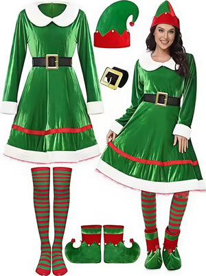 Christmas Velvet Dress Belt Striped Over-the-knee Socks Elf Hat Elf Costume Multi-piece Sets