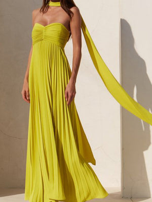Liber Summer Women's Pleated Solid Color Tube top Maxi Dresses