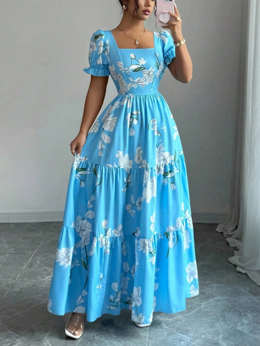 Square Neck Women's Clothing Flowers Maxi Dresses