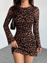 Leopard Print Mesh Slimming And Waist-cinching Long-sleeved Short Dress