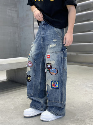 Badge Embroidery Denim Loose-fit Patchwork Fake Hole Wide-leg Jeans