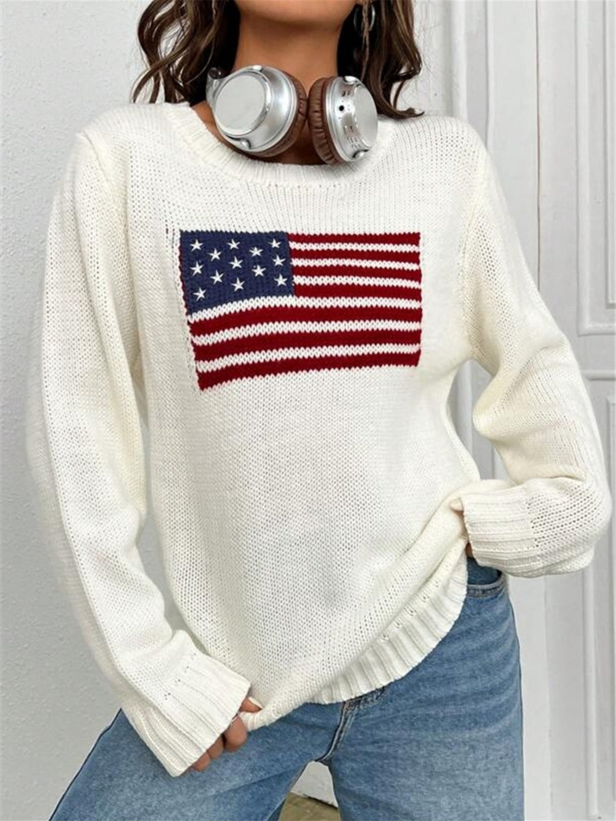 Crew Neck National Flag Knitted Sweater