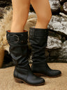 Retro Pleated Belt Buckle Mid-heel Riding Boots